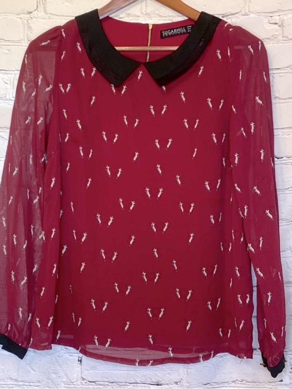 Sugarhill Boutique Burgundy Black Mouse Print Long Sleeve Collar Top Size 10